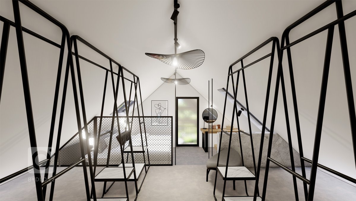 Netradiční interiér v&nbsp;přírodních tónech v&nbsp;kombinaci s&nbsp;dubovým dřevem, surovým betonem, betonovou stěrkou nebo mramorem. Půda prošla celkovou…