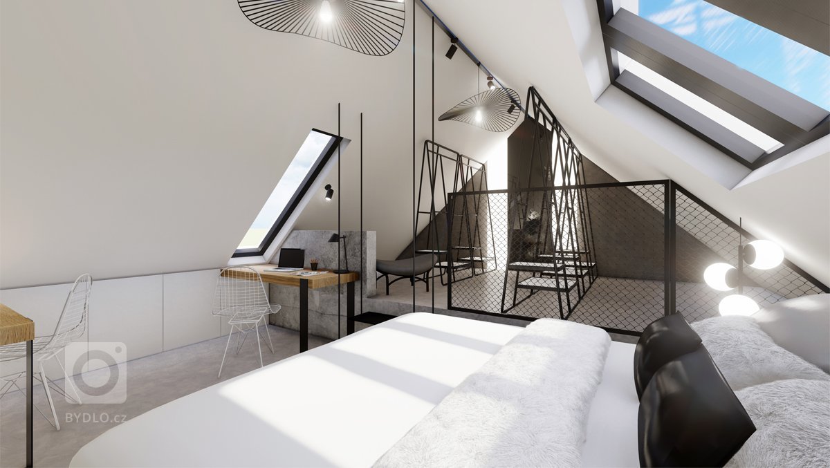 Netradiční interiér v&nbsp;přírodních tónech v&nbsp;kombinaci s&nbsp;dubovým dřevem, surovým betonem, betonovou stěrkou nebo mramorem. Půda prošla celkovou…