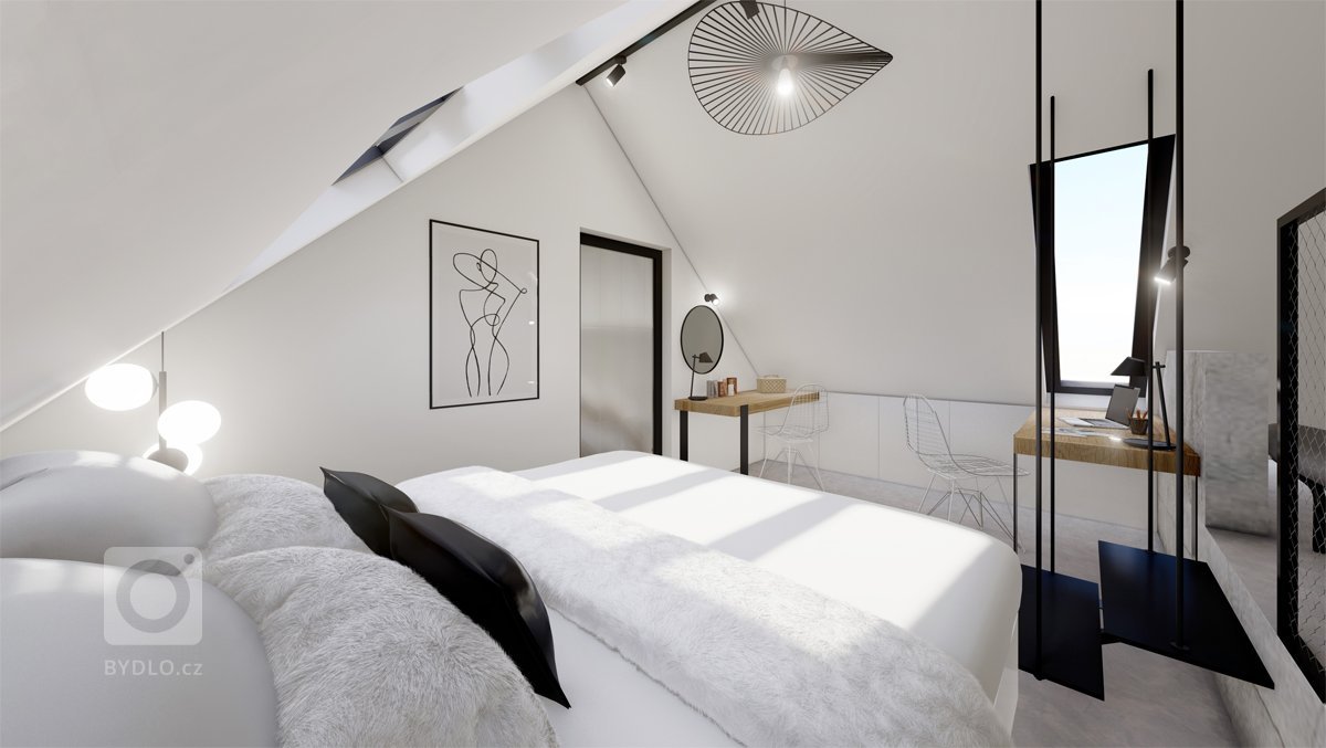 Netradiční interiér v&nbsp;přírodních tónech v&nbsp;kombinaci s&nbsp;dubovým dřevem, surovým betonem, betonovou stěrkou nebo mramorem. Půda prošla celkovou…