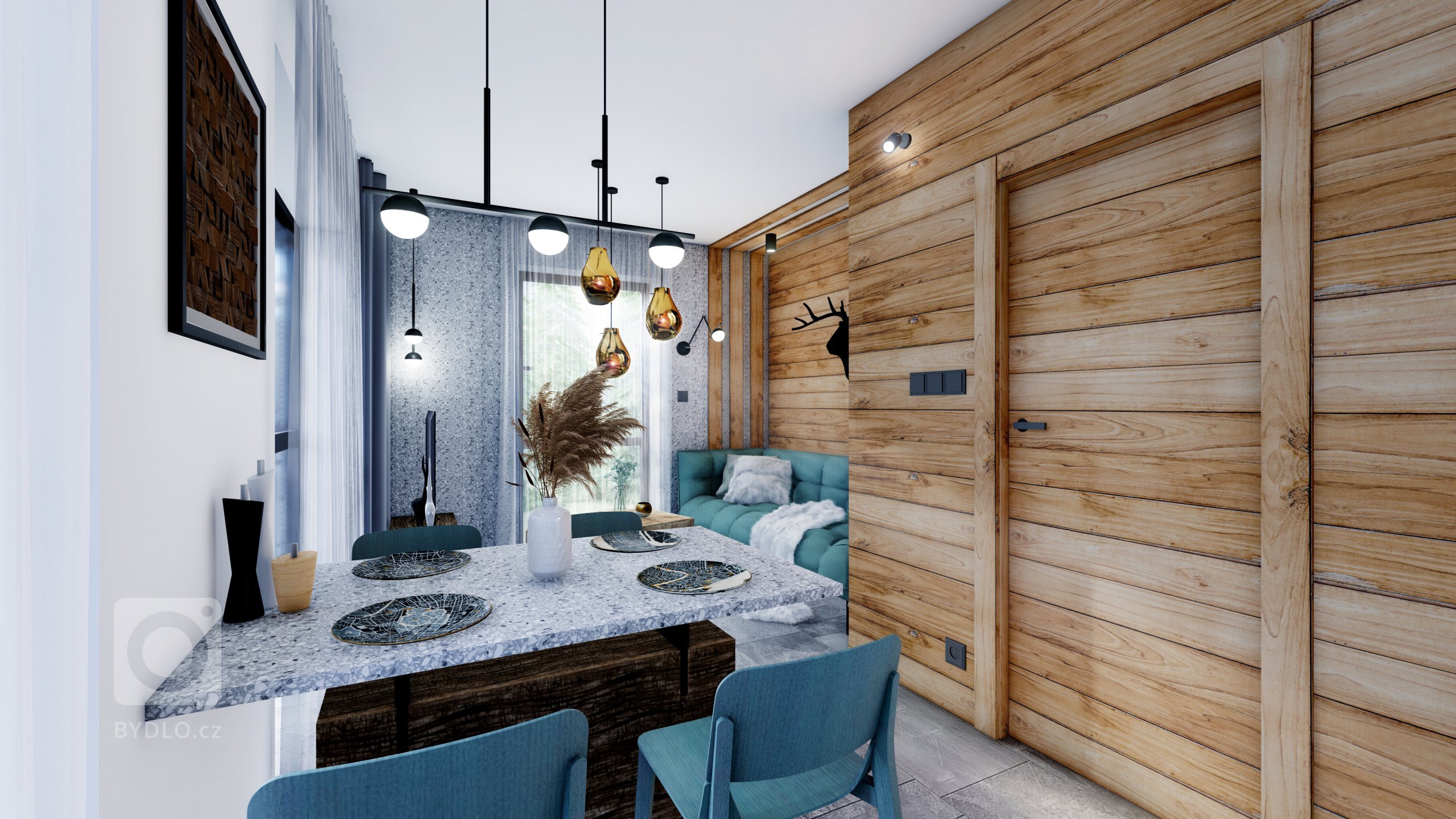 Moderní interiér v&nbsp;horském stylu v&nbsp;přírodě Jizerských hor, kde hraje hlavní roli obklad Terrazzo a&nbsp;kamenná podlaha v&nbsp;akcentu s&nbsp…