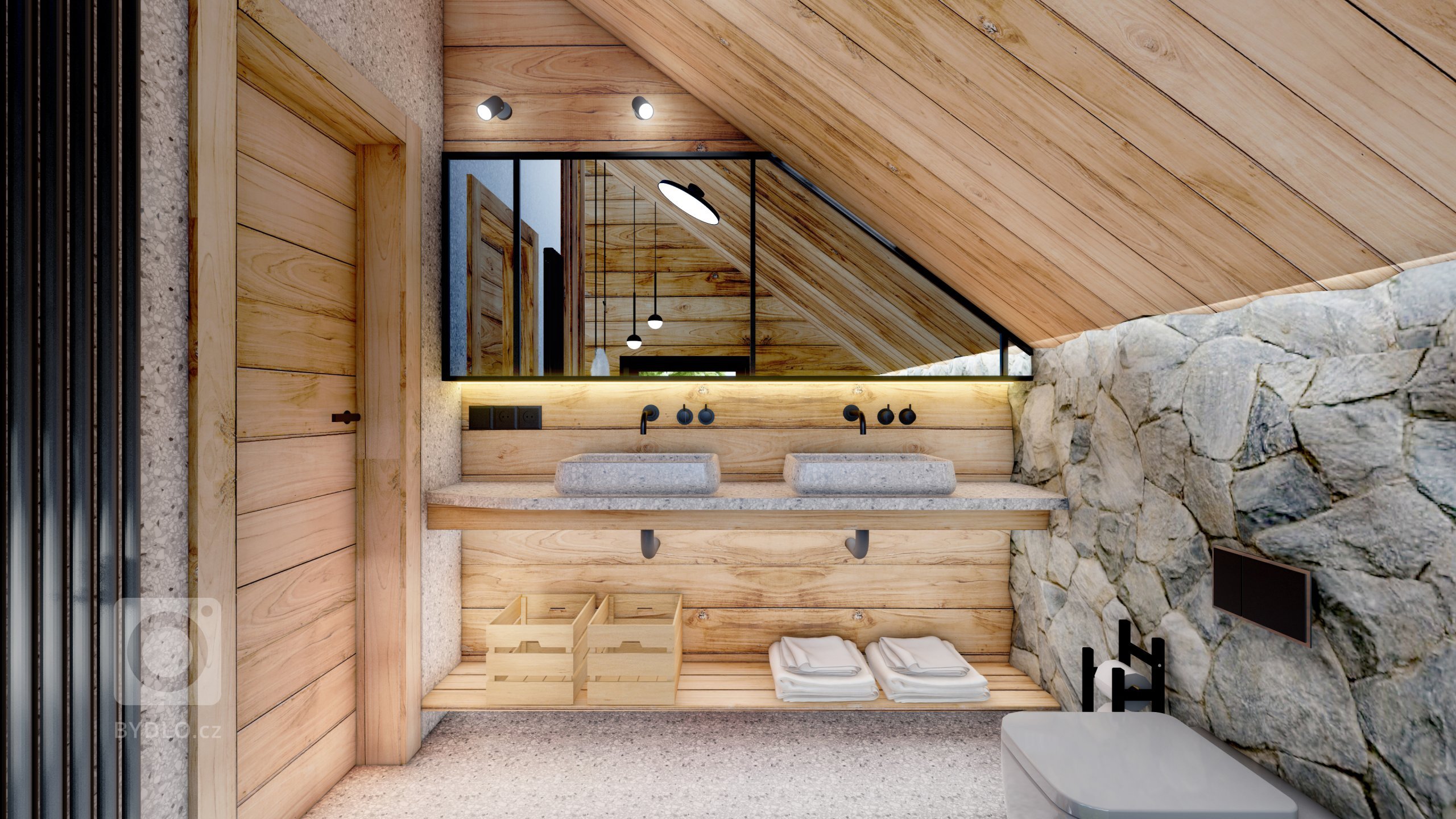 Moderní interiér v&nbsp;horském stylu v&nbsp;přírodě Jizerských hor, kde hraje hlavní roli obklad Terrazzo a&nbsp;kamenná podlaha v&nbsp;akcentu s&nbsp…