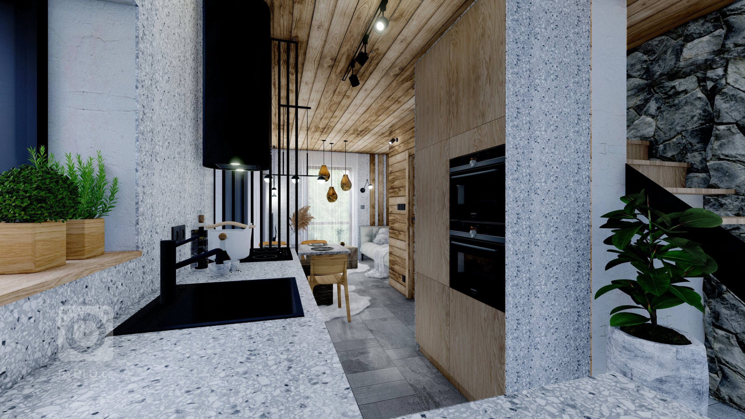 Moderní interiér v&nbsp;horském stylu v&nbsp;přírodě Jizerských hor, kde hraje hlavní roli obklad Terrazzo a&nbsp;kamenná podlaha v&nbsp;akcentu s&nbsp;tmavě…