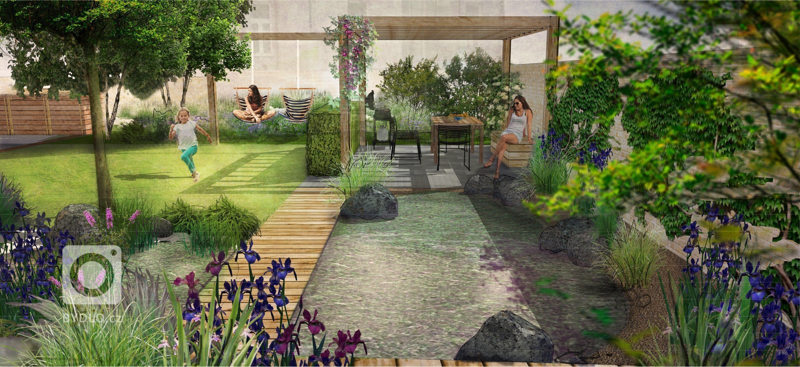 Zahrada má sloužit jako rozšířená místnost domu pod širou oblohou. I přes relativně malou plochu dvorku (14 x 17 m) se nám podařilo vnést do návrhu mnohá příjemná zákoutí. 
