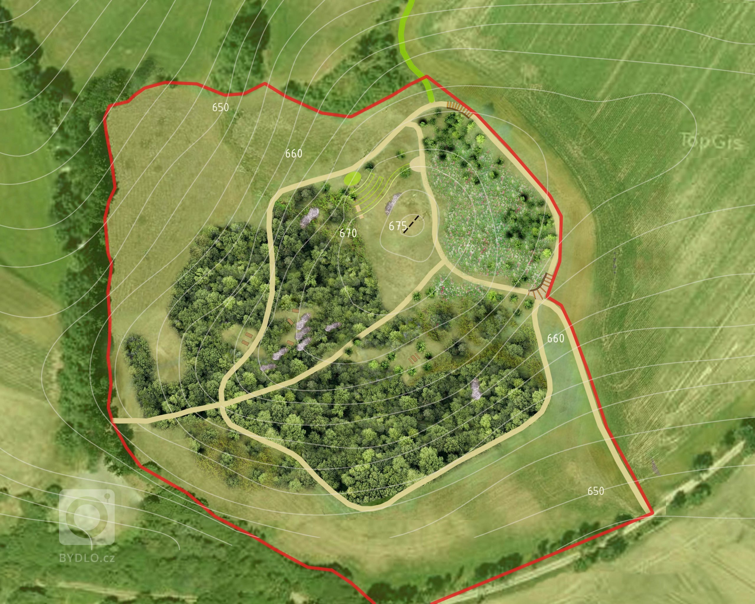 Detailní situace kolem Třech křížů.