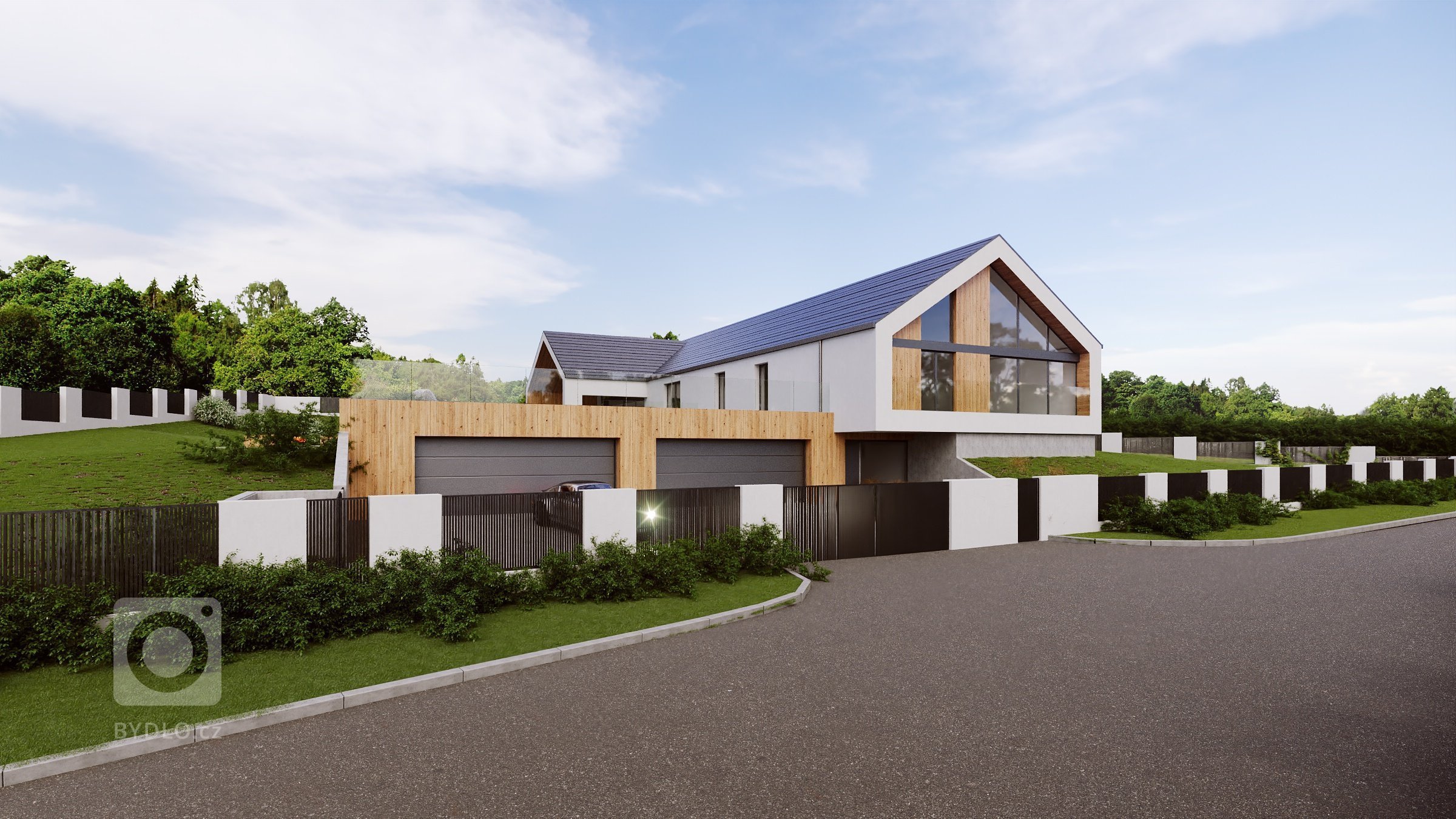 Velkorysá rodinná vila využívá svažitého terénu a hraje si s různými výškovými úrovněmi vně i uvnitř domu. Garáž se čtyřmi parkovacími místy je zasazena do…