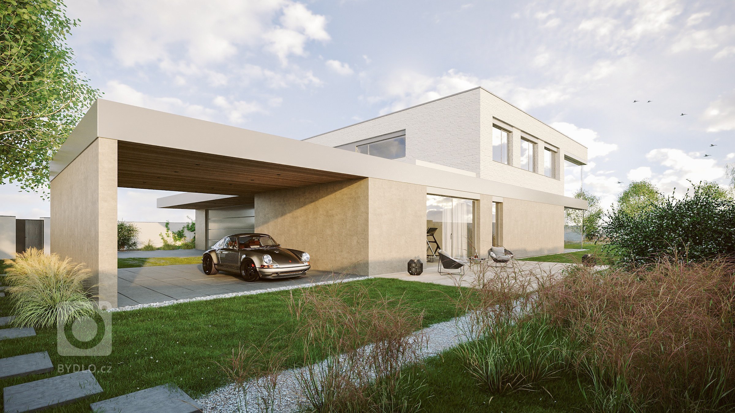 Hlavními prostory domu jsou velká kuchyně s jídelnou, která je oddělená od obývacího prostoru s krbem. Obývací pokoj je otevřen do patra a prosklen rohovým…