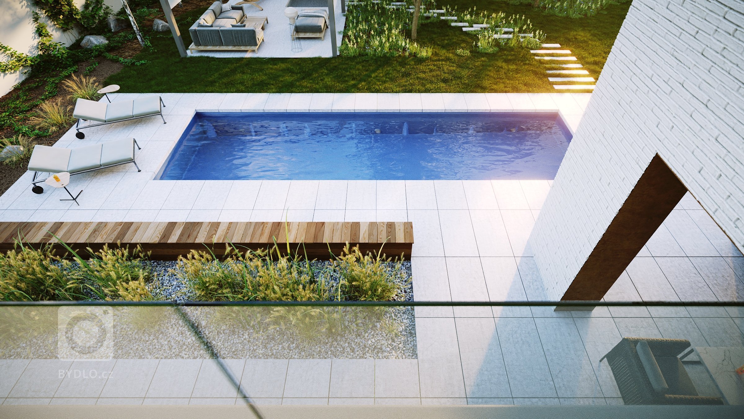 Hlavními prostory domu jsou velká kuchyně s jídelnou, která je oddělená od obývacího prostoru s krbem. Obývací pokoj je otevřen do patra a prosklen rohovým…