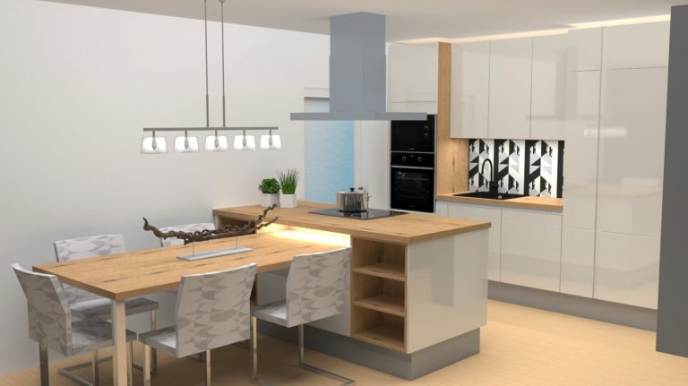 Vizualizace moderní kuchyně s ostrůvkem a jídlením stolem ukazuje praktické využití prostoru v místnosti.&nbsp;
