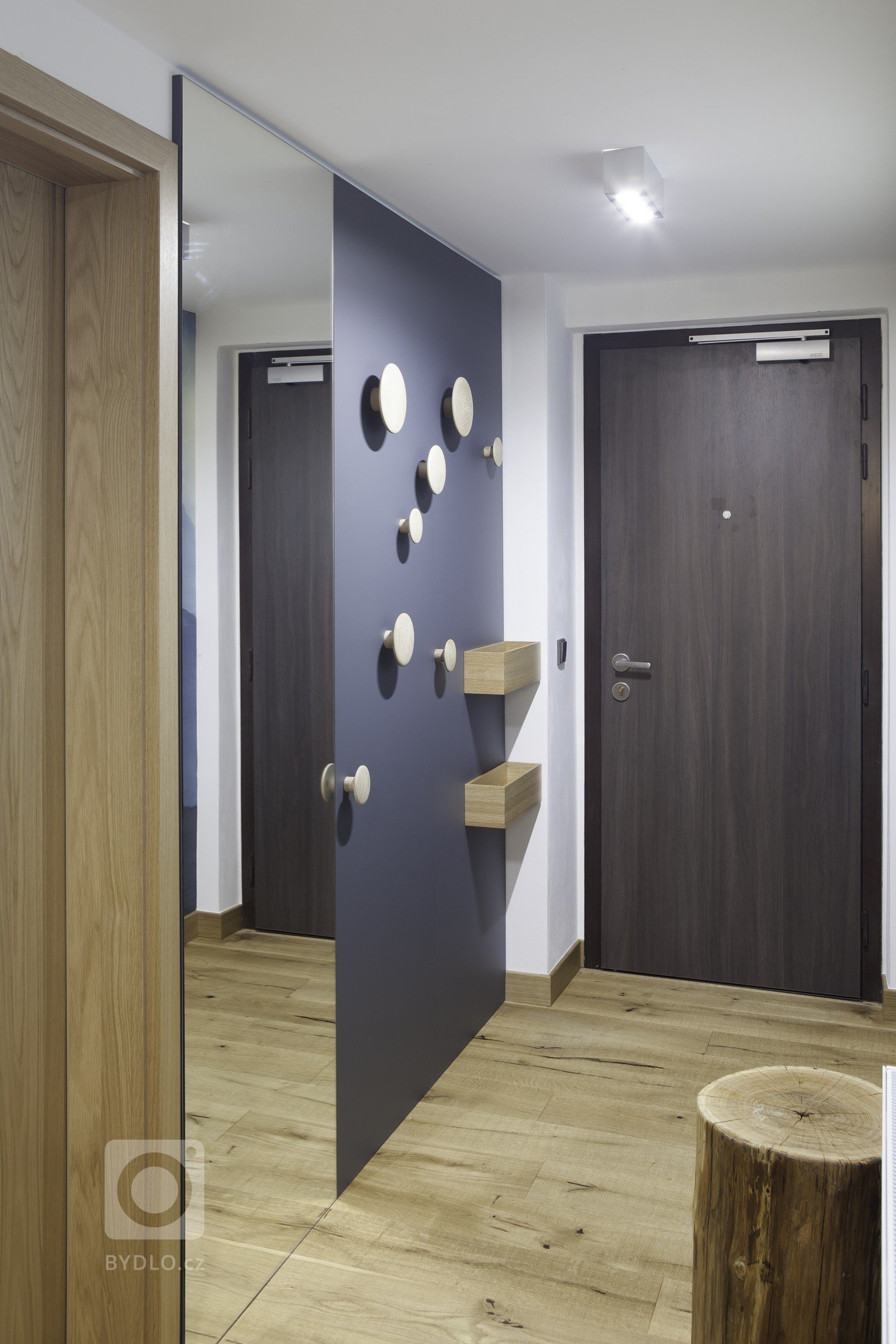 Ložnice rodičů a koupelna tvoří velkorysý prostor s minimem nábytku. Koupelna je od ložnice oddělená skleněnou stěnou.

V kuchyni matná šedá a černá příjemně…