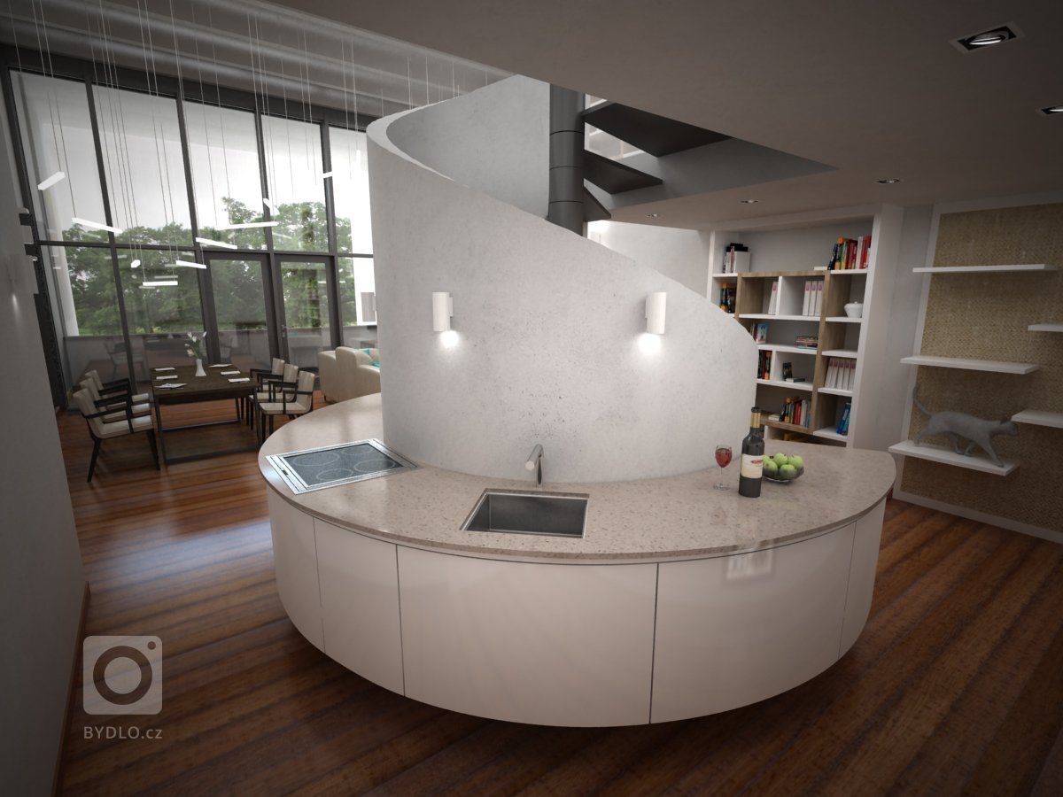 Vizualizace kuchyně s průhledem do jídelny.