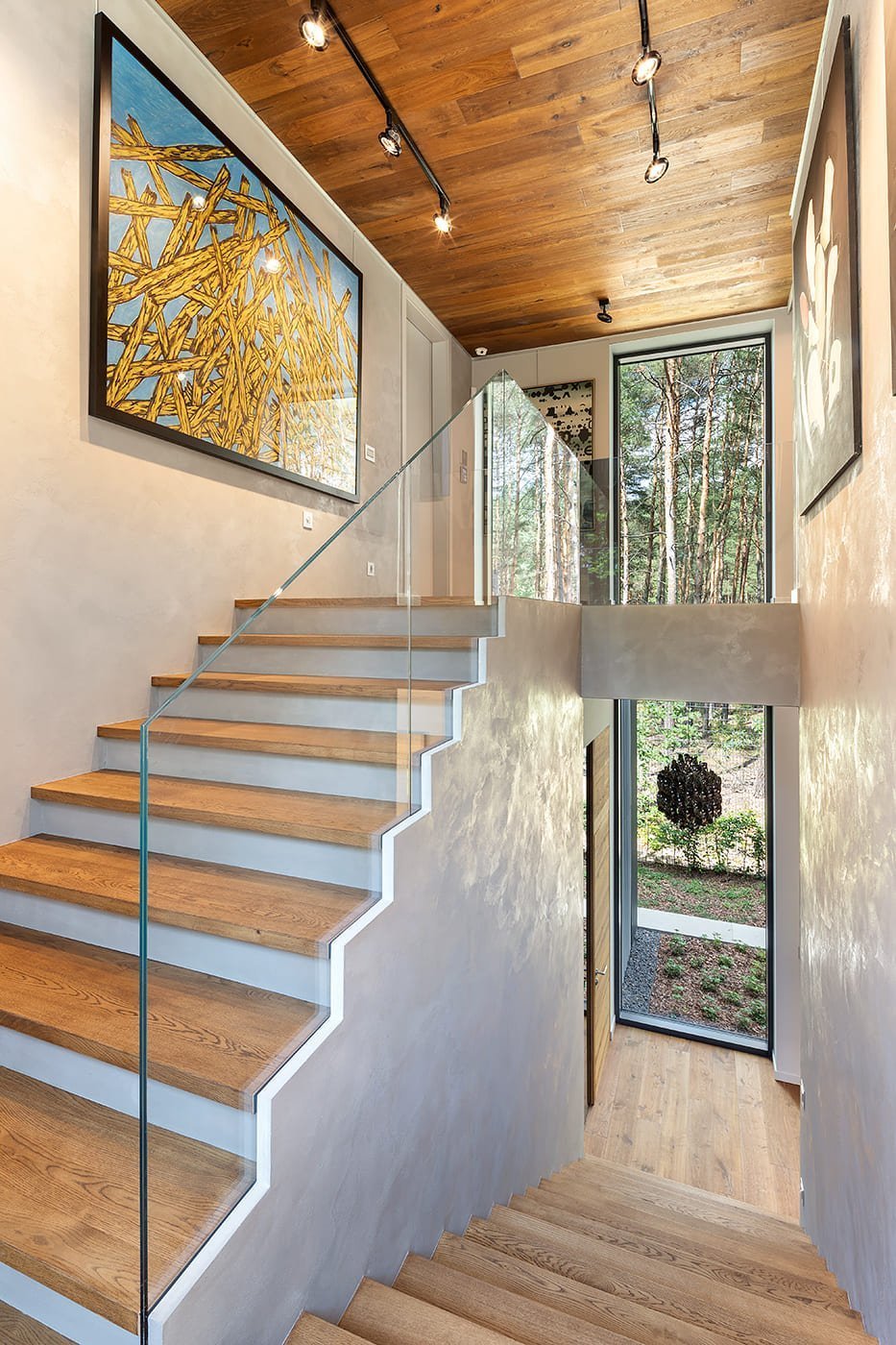 Dům s betonovou fasádou obklopený lesy