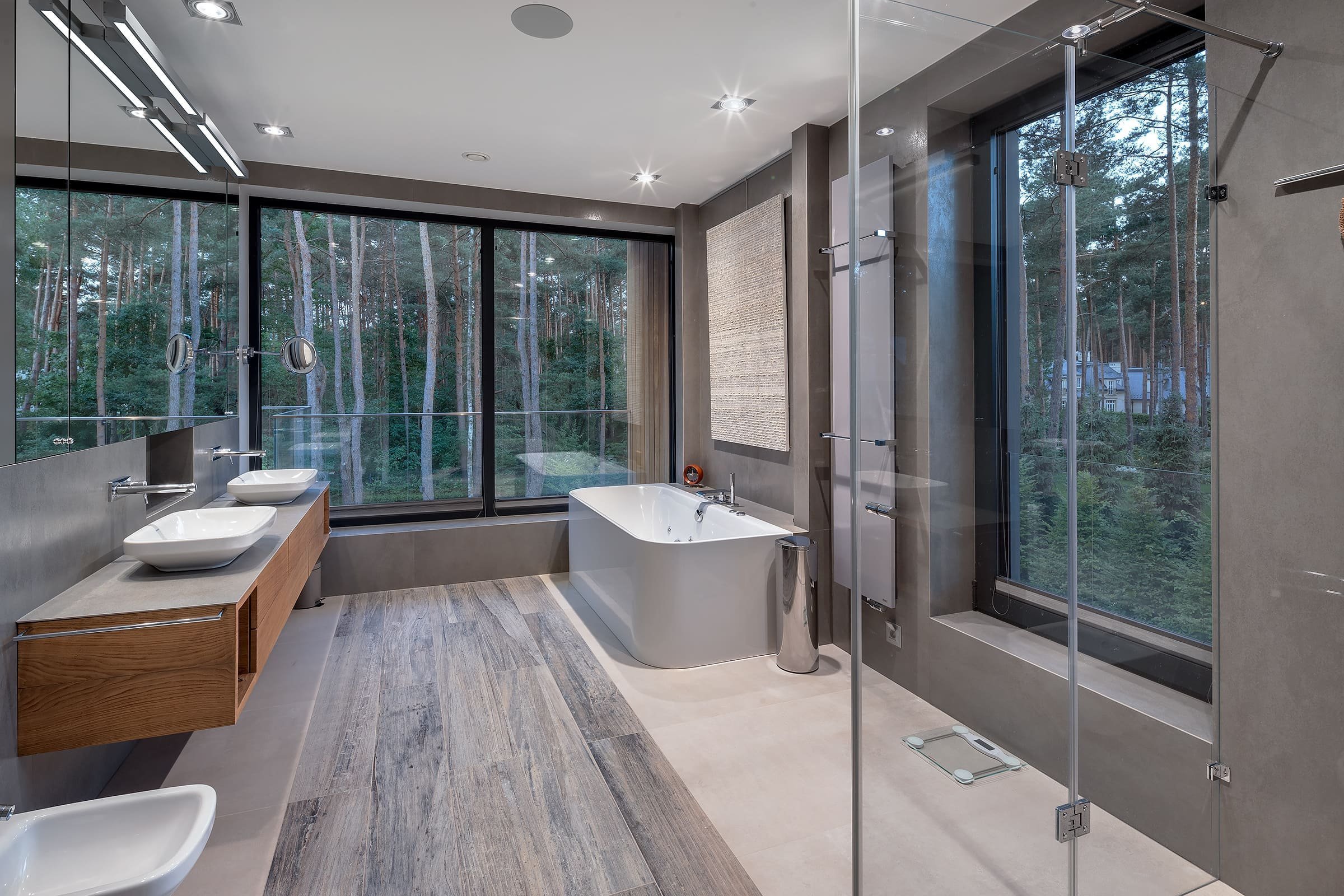 Dům s betonovou fasádou obklopený lesy