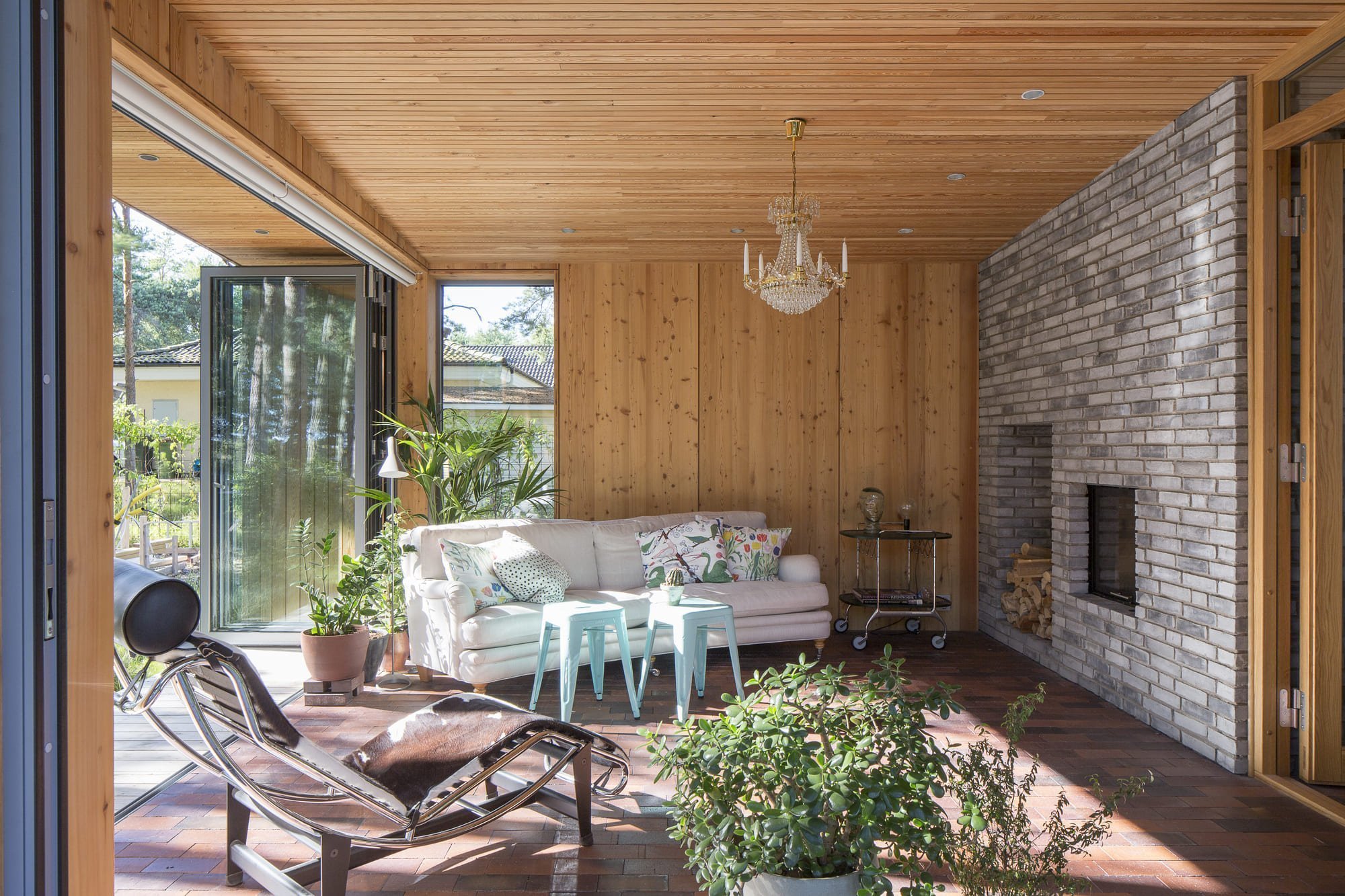 Přízemní dřevostavba mezi borovicemi a domem pro babičku