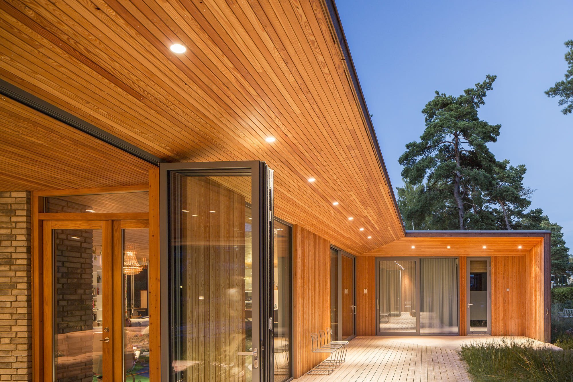 Přízemní dřevostavba mezi borovicemi a domem pro babičku