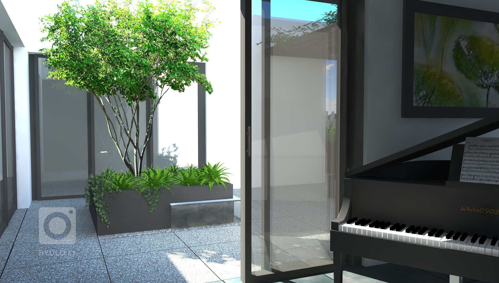 Základní myšlenkou návrhu je pojetí části terasy, která je ze tří stran obklopena bytem, jako átriového prostoru. Vzhledem k exponovanosti části terasy ze tří…