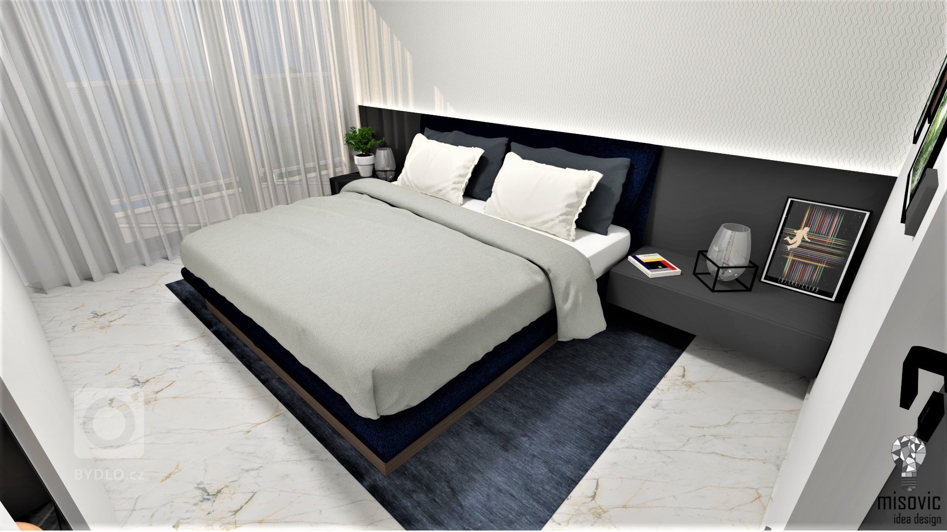 Elegantne riešený byt na bratislavskom Tehelnom poli. Celkový dojem z interiéru je tvorený tmavšími farbami a imitáciou mramoru.
