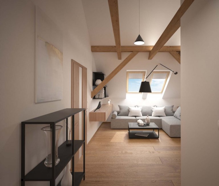 Startovní podkrovní bydlení mladého páru. Jistě vás zaujme jednoduchou dispozicí i&nbsp;útulností. Dominantou je moderní kuchyně v barevné kombinaci elegantní…