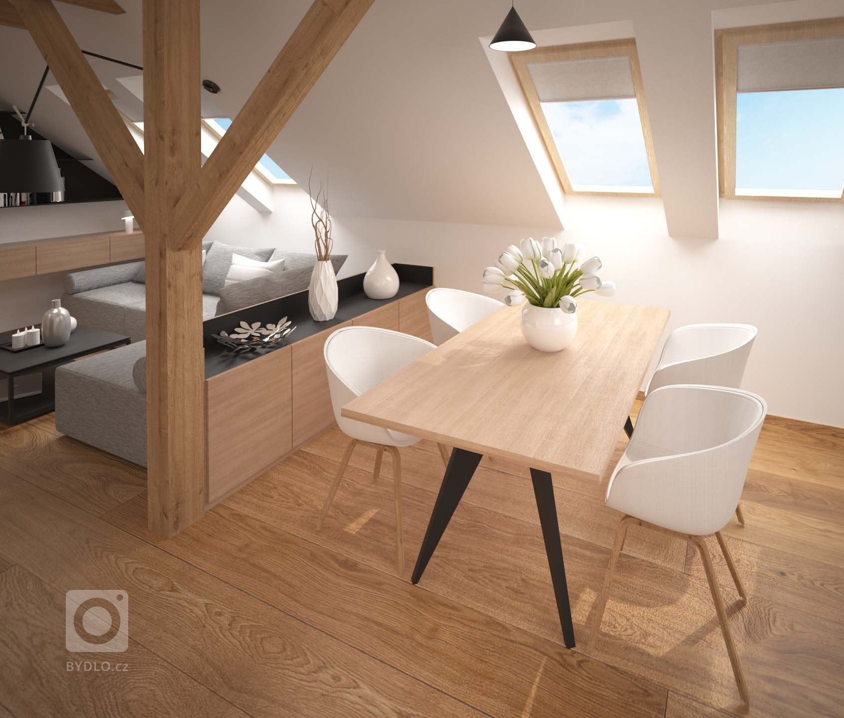 Startovní podkrovní bydlení mladého páru. Jistě vás zaujme jednoduchou dispozicí i&nbsp;útulností. Dominantou je moderní kuchyně v barevné kombinaci elegantní…