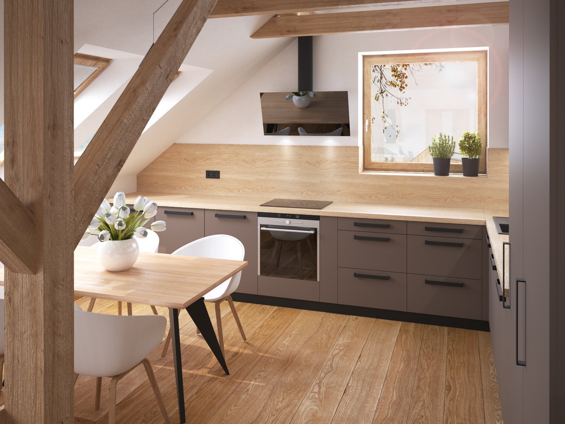 Startovní podkrovní bydlení mladého páru. Jistě vás zaujme jednoduchou dispozicí i&nbsp;útulností. Dominantou je moderní kuchyně v barevné kombinaci elegantní…