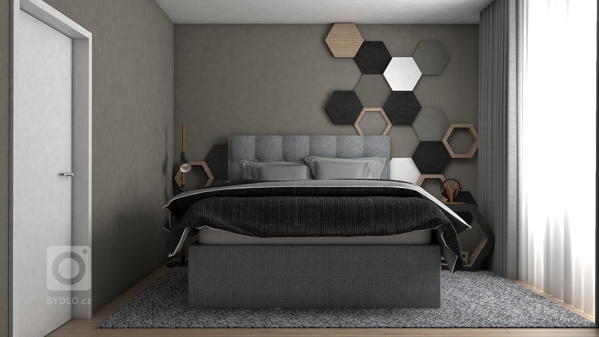 Ložnice, kam jsme na přání klienta umístili vysokou postel BOXSPRING. Designovým a dekorativním prvkém jsou HEXAGONY.