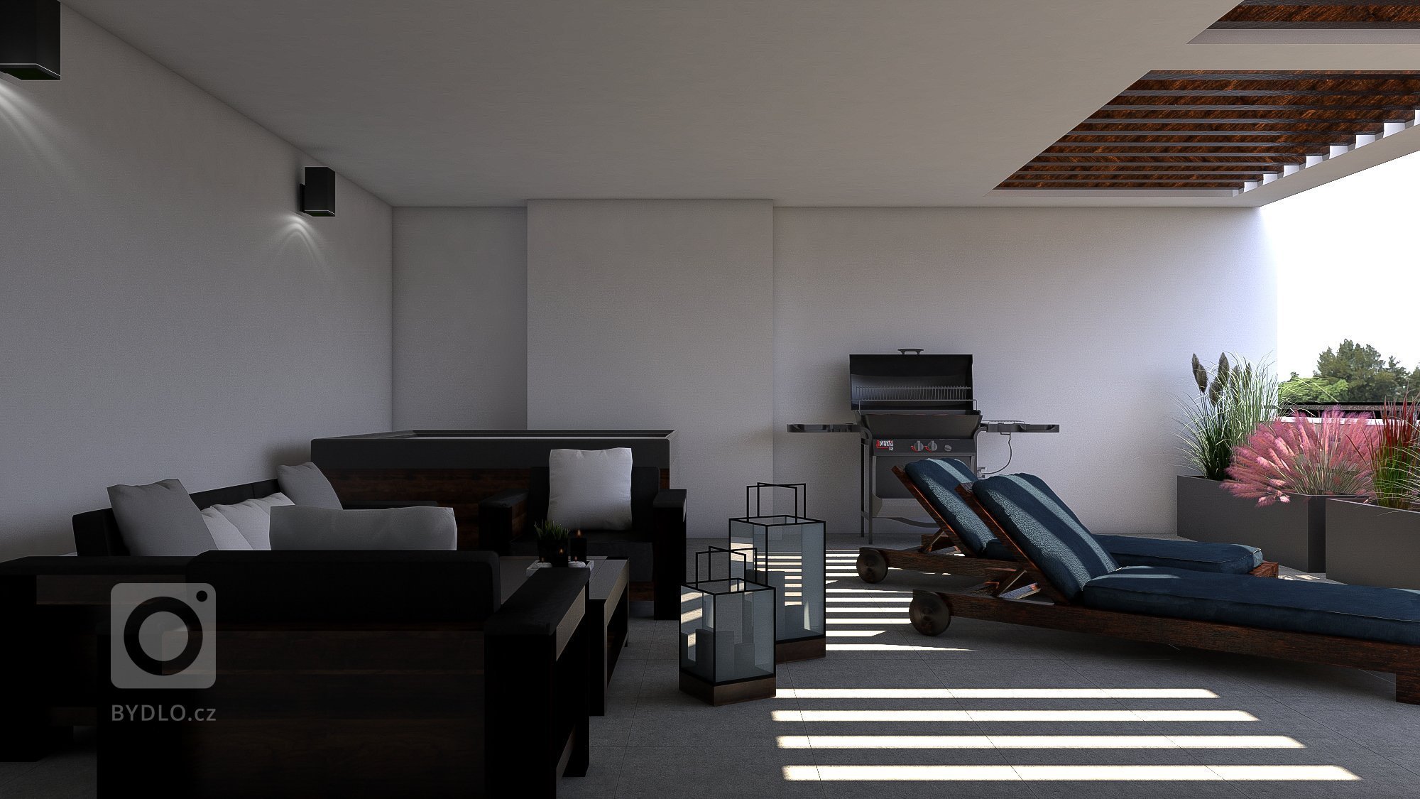 Terasa o rozloze 59 m² s vířivkou, posezením a designovými květináči s nenáročnou okrasnou trávou