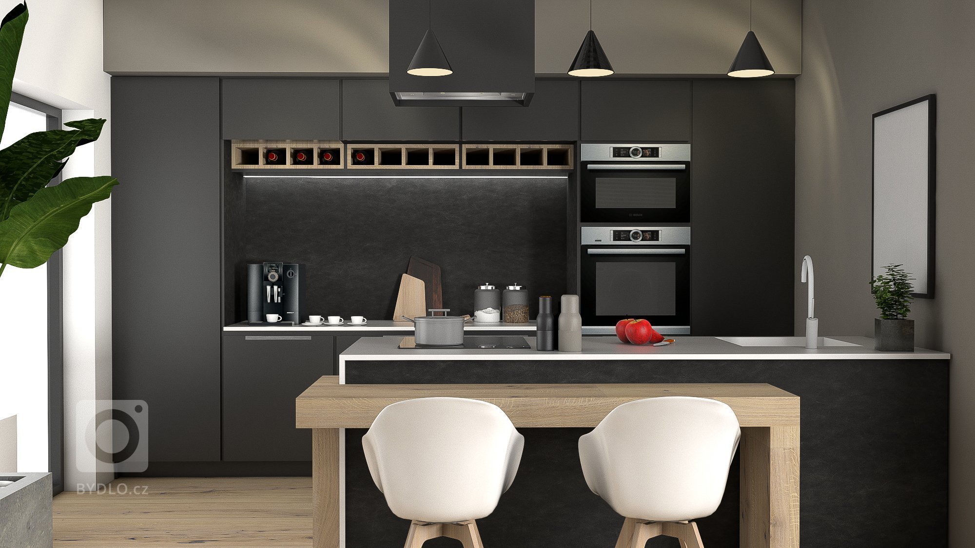 Ukázka naší práce designového návrhu kuchyňské linky s obývací částí. Dominantou prostoru je designová, minimalistická kuchyň. Vysoké zásuvné skříně nejen šetří místo, ale jsou i hezkým designovým prvkem nadčasové kuchyně. Vybavení je s veškerým komfortem. Za zásuvnými dveřmi, za kterými můžete nechat vše zmizet se nachází kuchyňské spotřebiče, úložné prostory pro potraviny, pracovní plocha, příprava pro volně stojící kávovar a mnoho prostoru se zásuvkami pro vybavení kuchyně. Při otevření dveří se otevře pohled na to, co je za nimi skryto: dokonale zorganizovaná kuchyně, kde vše, má své místo. Součástí pracovní desky je dřez z Corianu. Ponechali jsme zde dostatek pracovní plochy a své místo má i indukční deska. Barový stoleček, který je také součástí kuchyňského ostrůvku jsme navrhli ve vhodné výšce pro umístění klasických, pohodlných jídelních židlí.