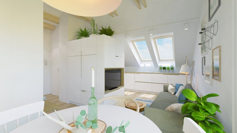 Návrh interiéru podkrovného bytu využíva relatívne malý priestor dennej zóny na maximum, pričom ho opticky neprepĺňa. Líniová hmota kuchyne plynulo prechádza…