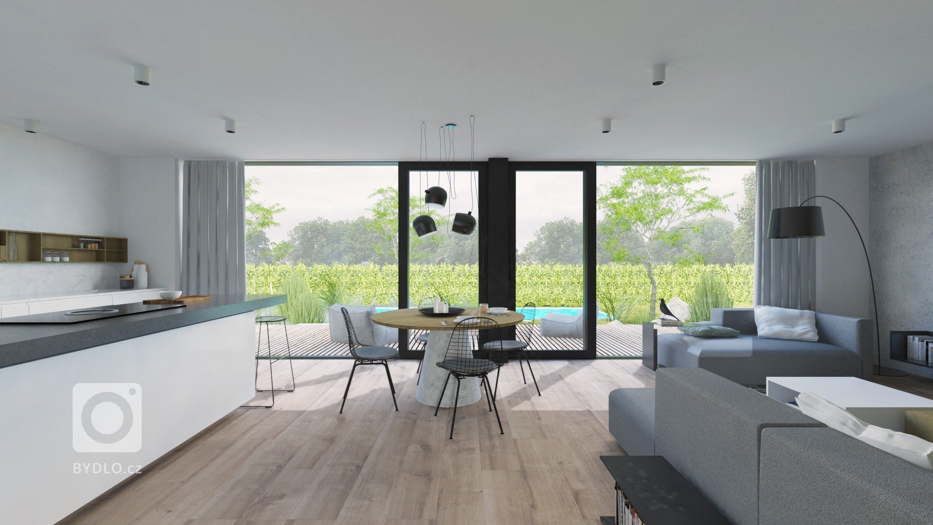 Veľkorysý priestor spoločenskej časti nám dovolil vytvoriť priestrannú kuchyňu s dizajnovým ostrovom, ktorým je čiastočne oddelená od obývacej časti. Biela na…