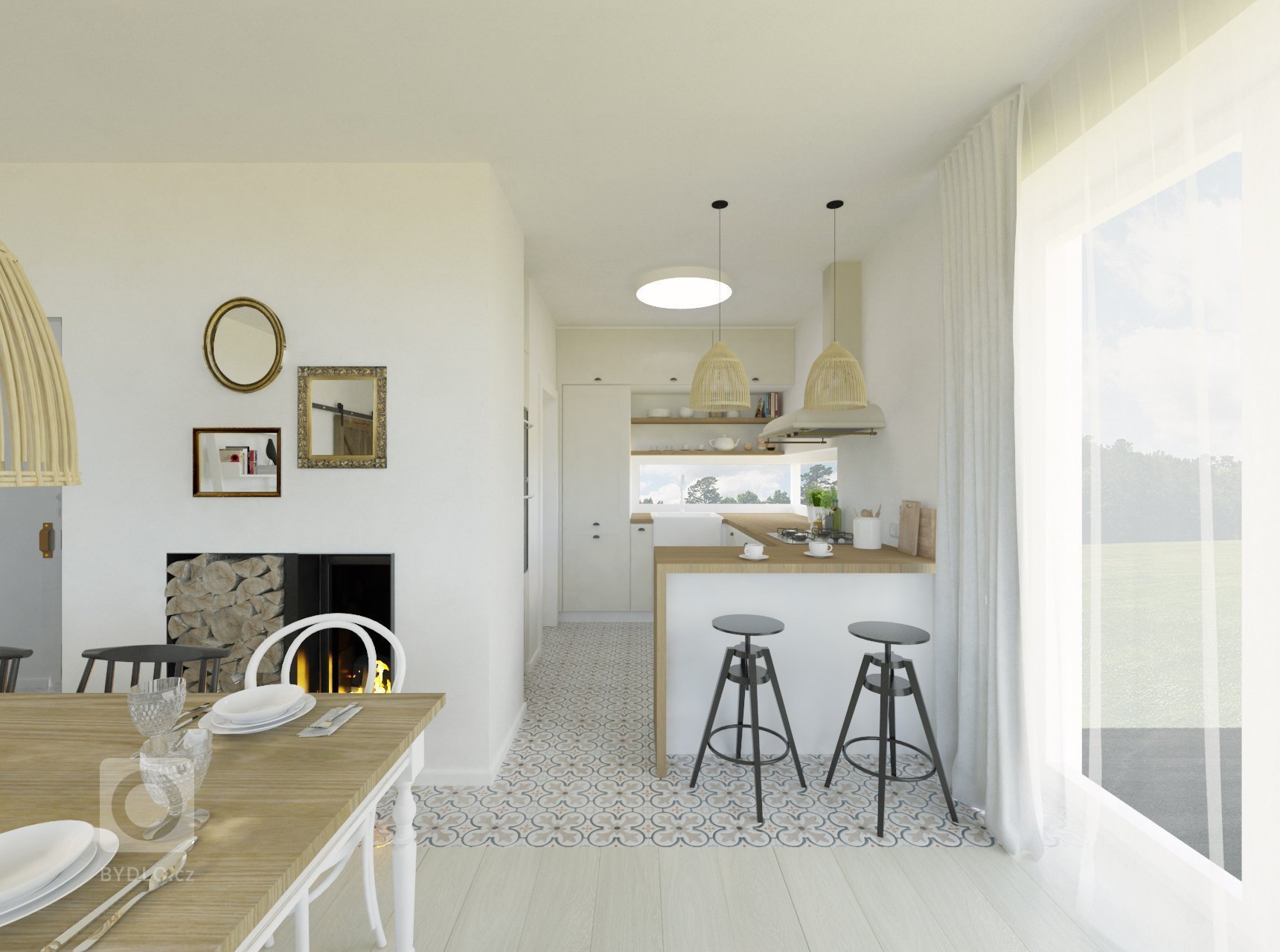 Interiér prízemia novostavby s nádychom provensálskeho štýlu. Biela kuchynská linka s masívnou drevenou pracovnou doskou je doplnená o dizajnový digestor a…