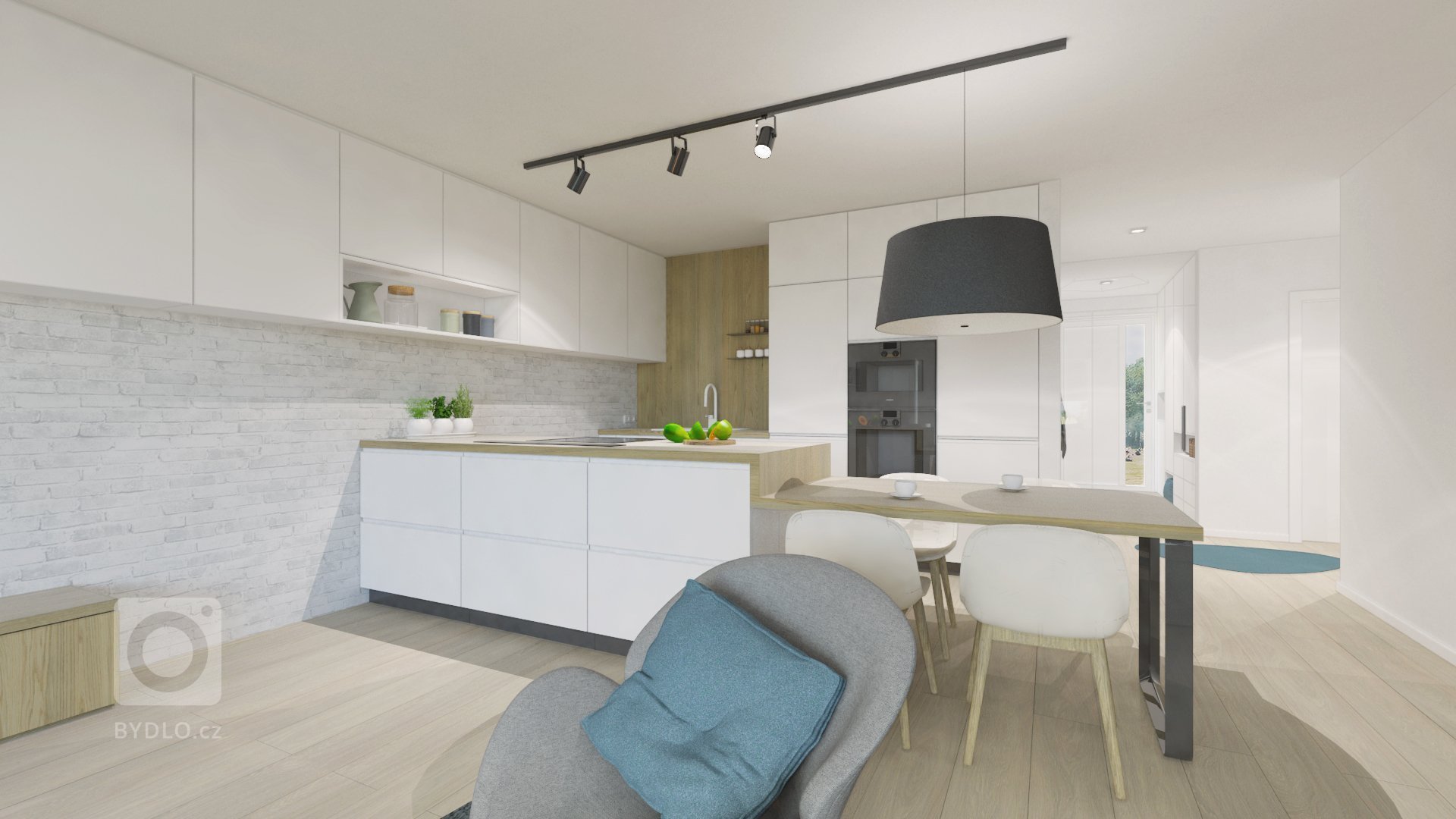 Útulnú atmosféru v interiéri sme dosiahli kombináciou bieleho nábytku s akcentmi dreva, sivej, čiernej a na oživenie interiéru sme použili modrú farbu.

…