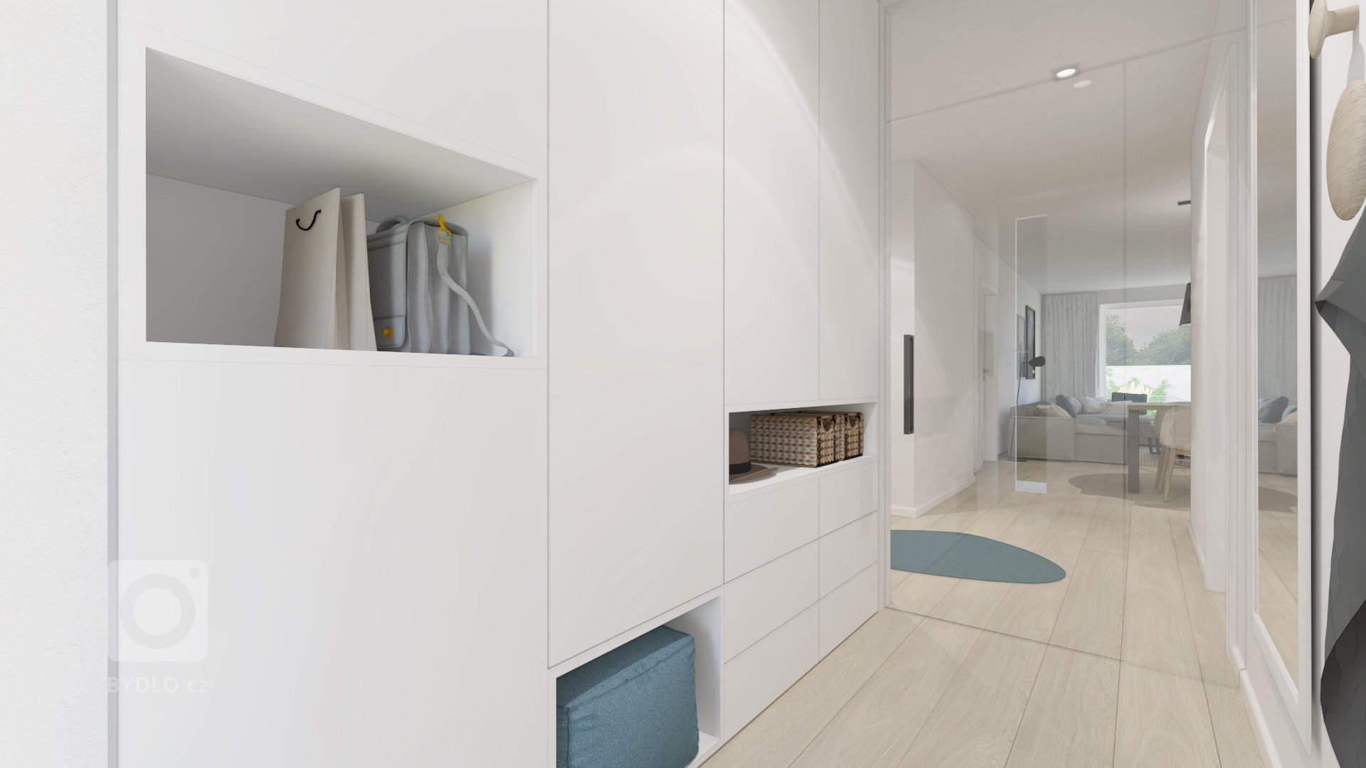 Útulnú atmosféru v interiéri sme dosiahli kombináciou bieleho nábytku s akcentmi dreva, sivej, čiernej a na oživenie interiéru sme použili modrú farbu.

…