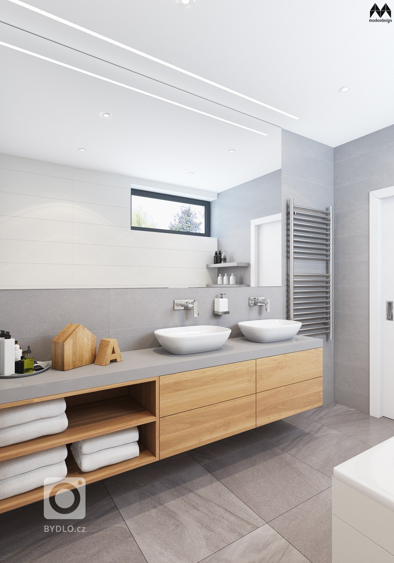 POHLED NA SKŘÍŇKU S DVĚMI UMYVADLY