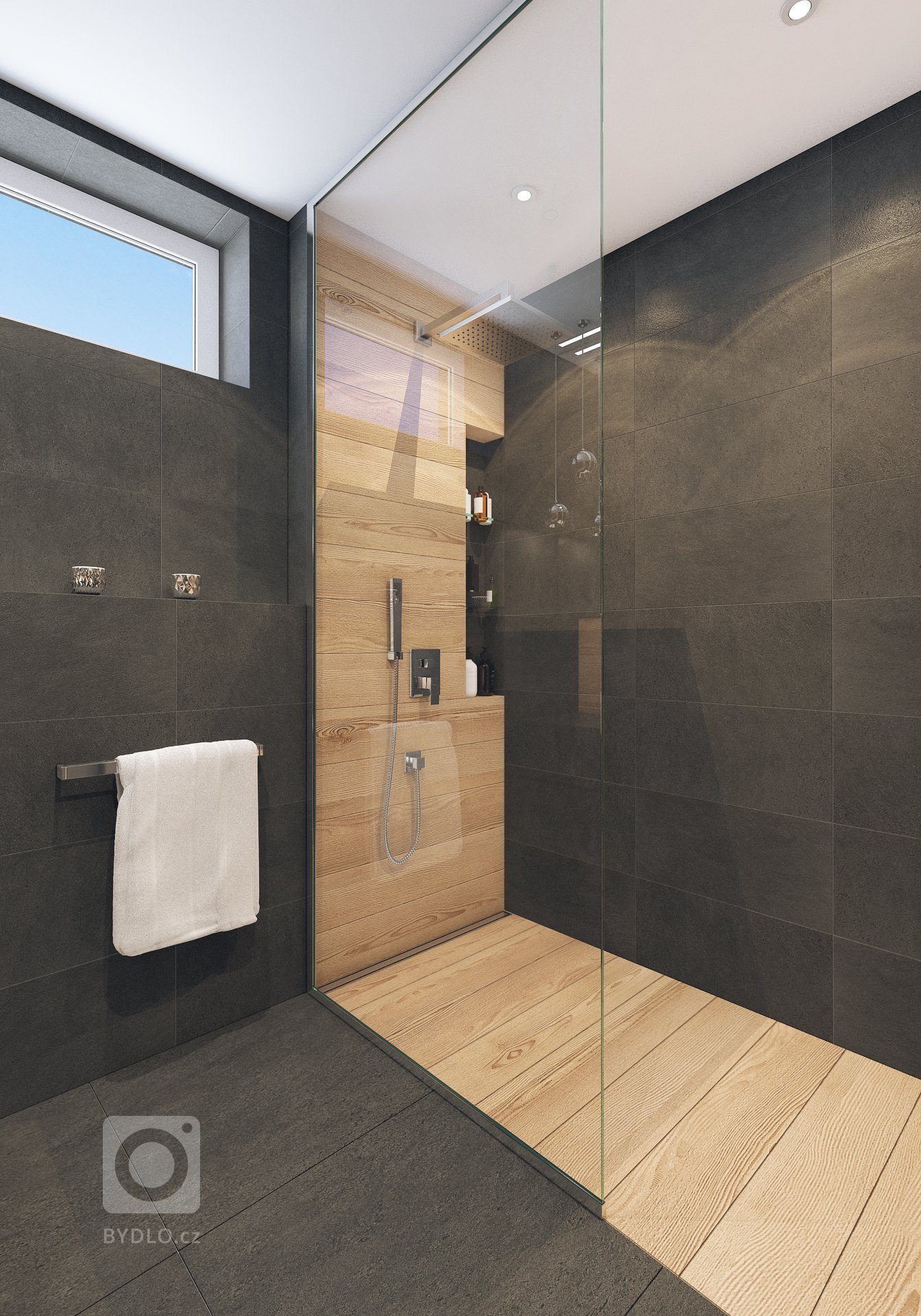 Návrh interiéru bytu pro mladého muže. V interiéru převládá kombinace antracitové barvy s bílou, světlým dřevodekorem a šedou. Doplňkou barvou je tmavě modrá,…