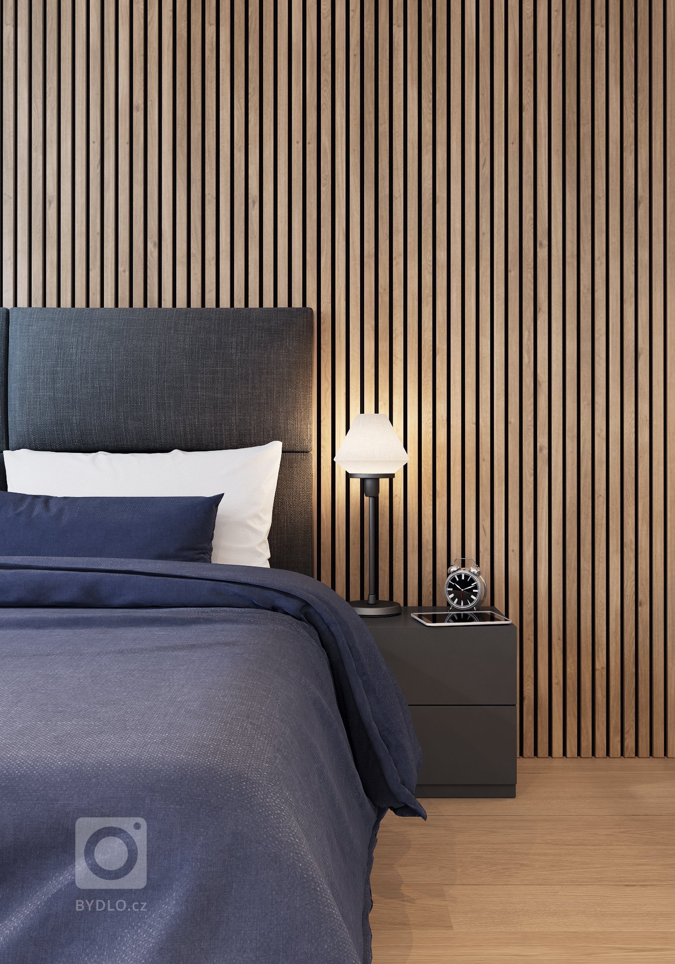 Návrh interiéru bytu pro mladého muže. V interiéru převládá kombinace antracitové barvy s bílou, světlým dřevodekorem a šedou. Doplňkou barvou je tmavě modrá,…