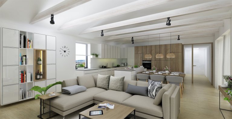 Hlavním přáním&nbsp;majitelů byla&nbsp;kombinace dřeva&nbsp;s&nbsp;neutrální a nadčasovou&nbsp;šedou s&nbsp;bílou. Srdcem spojeného obytného prostoru s kuchyní…