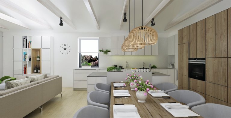 Hlavním přáním&nbsp;majitelů byla&nbsp;kombinace dřeva&nbsp;s&nbsp;neutrální a nadčasovou&nbsp;šedou s&nbsp;bílou. Srdcem spojeného obytného prostoru s kuchyní…