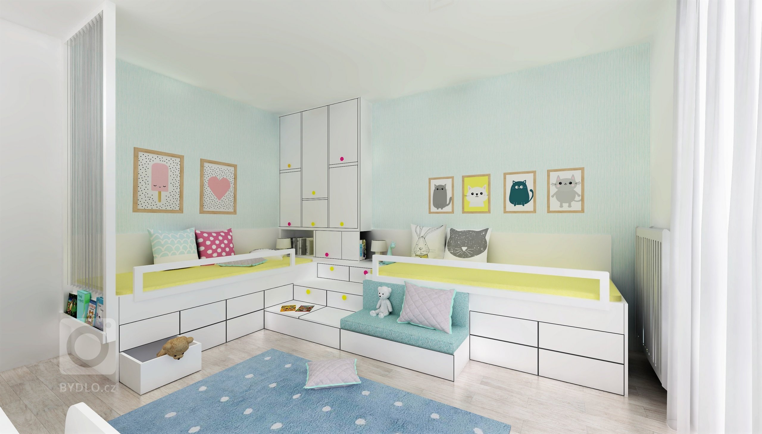 V&nbsp;pokojíčku jsou ústředním tématem&nbsp;kočky &ndash; místnost je určena po holčičky v&nbsp;předškolním věku a tomu odpovídá také zvolená barevnost a…