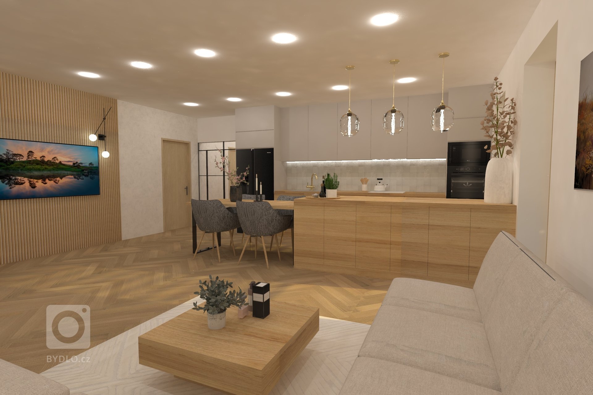 Vizualizace kuchyně s obývacím pokojem v přírodních tonech doplněná o zlaté detaily. Luxusní moderní vzhled, krásné dřevěné prvky včetně dřevěné podlahy.…
