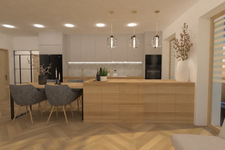 Vizualizace kuchyně s obývacím pokojem v přírodních tonech doplněná o zlaté detaily. Luxusní moderní vzhled, krásné dřevěné prvky včetně dřevěné podlahy.…