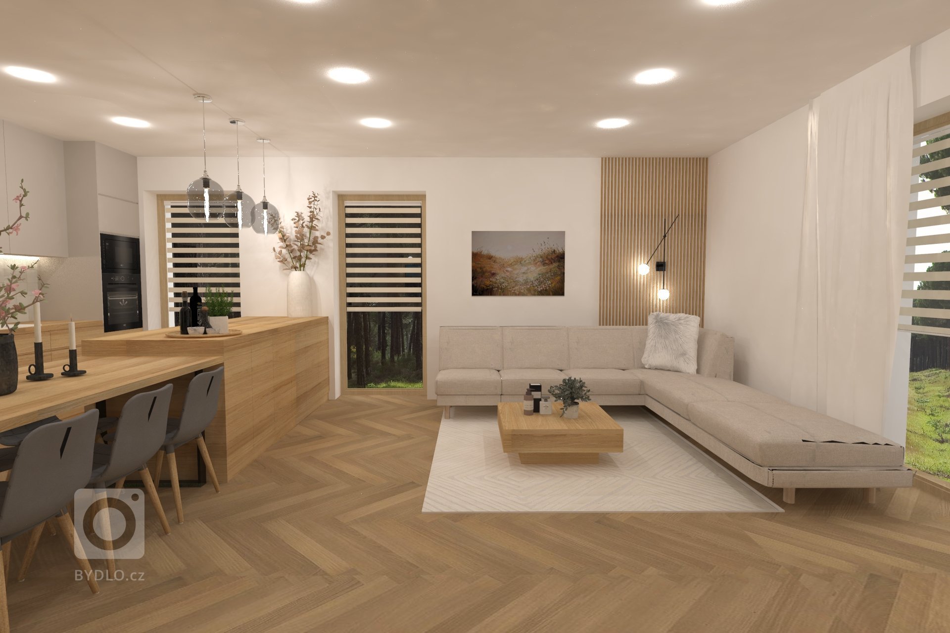 Vizualizace kuchyně s obývacím pokojem v přírodních tonech doplněná o zlaté detaily. Luxusní moderní vzhled, krásné dřevěné prvky včetně dřevěné podlahy.…