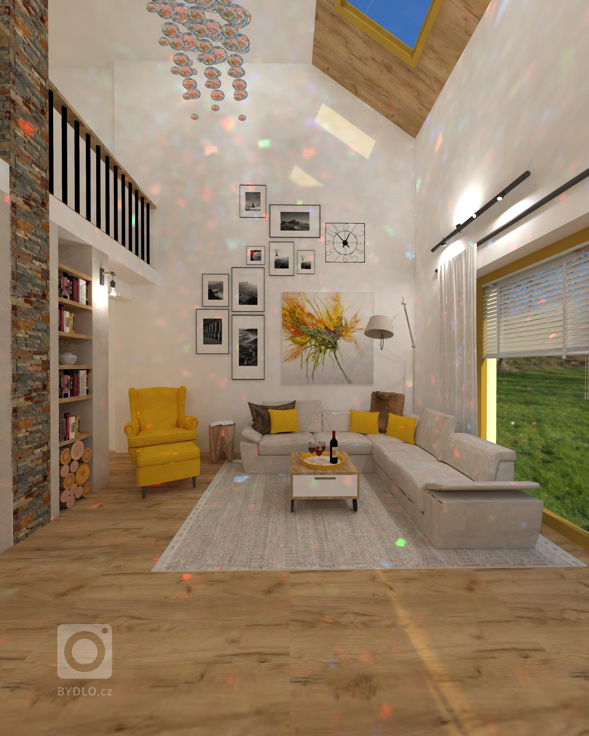 Návrh otevřeného prostoru kterému dominuje krb s knihovnou. Komín je obložen břidlicovým obkladem. Celý interiér jsem ladila do neutrálních béžových tonu,…