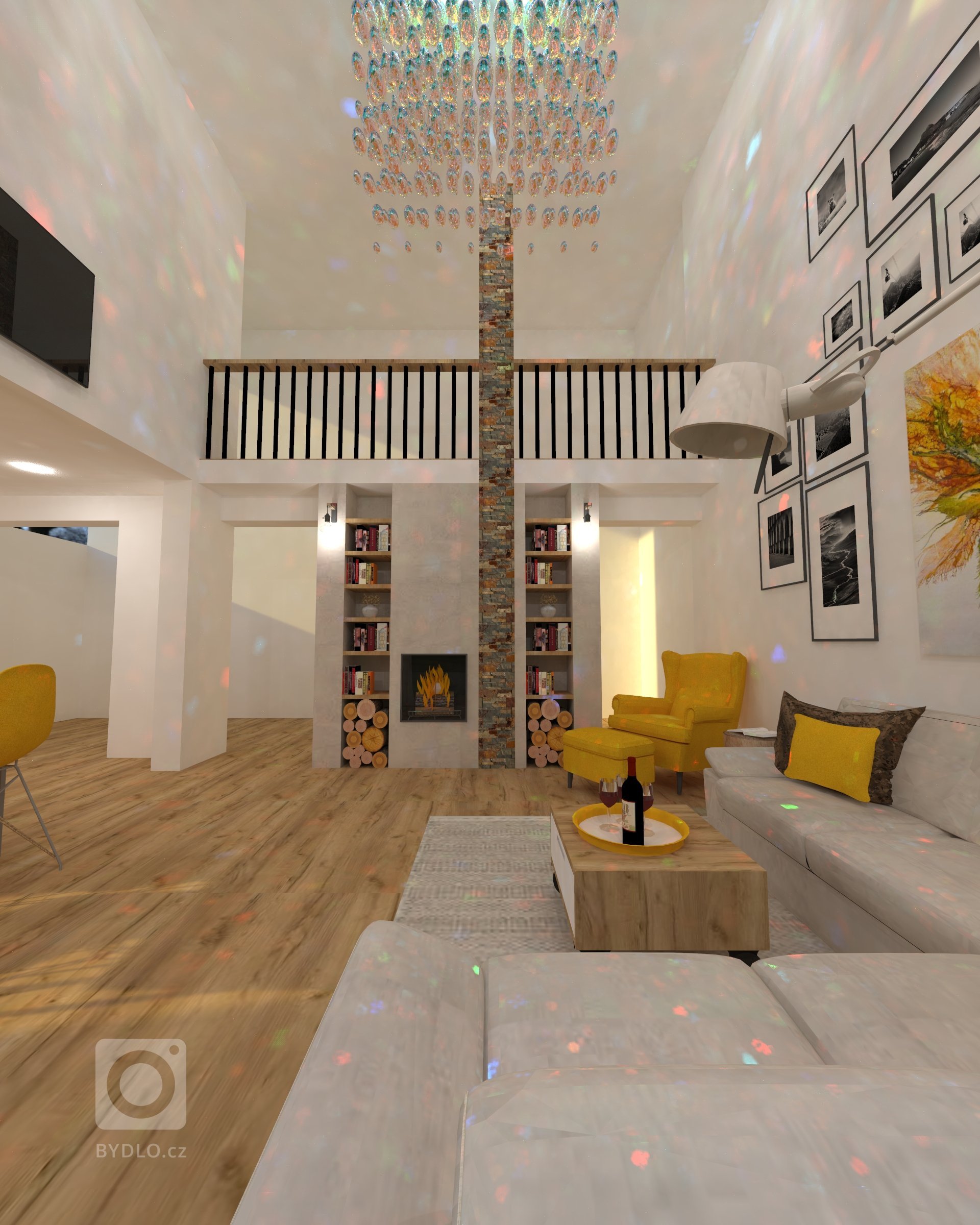 Návrh otevřeného prostoru kterému dominuje krb s knihovnou. Komín je obložen břidlicovým obkladem. Celý interiér jsem ladila do neutrálních béžových tonu,…