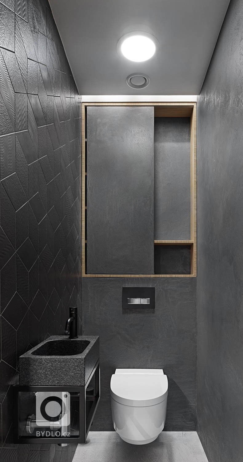 Na záchod byla navržena elektrická integrovaná bidetová sprcha. Dominuje tmavým obkladem a kamenným umyvadlem.