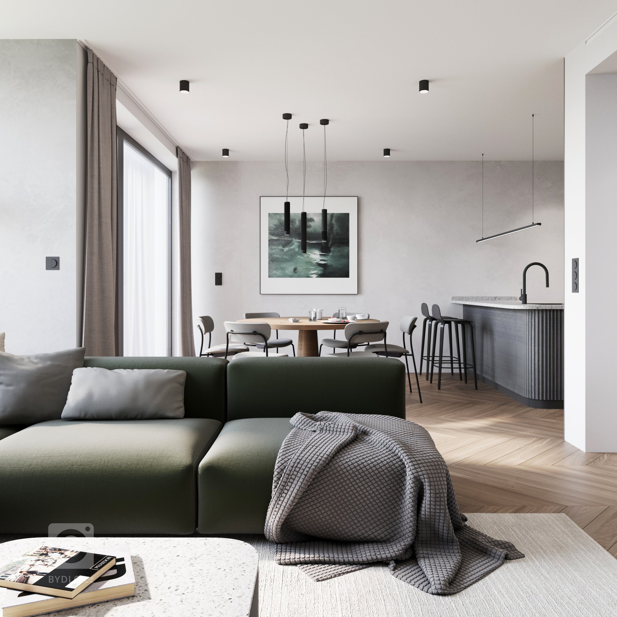 V barevně střídmých interiérech vždy hledáme možnosti, jak jednolitý celek rozbít. V případě obývacího pokoje jsme se rozhodli pro zelenou čalouněnou pohovku. Zemitá, avšak stále konzervativní barva tvojí harmonický celek s dubovou podlahou a bílými zdmi. ⁠⁠