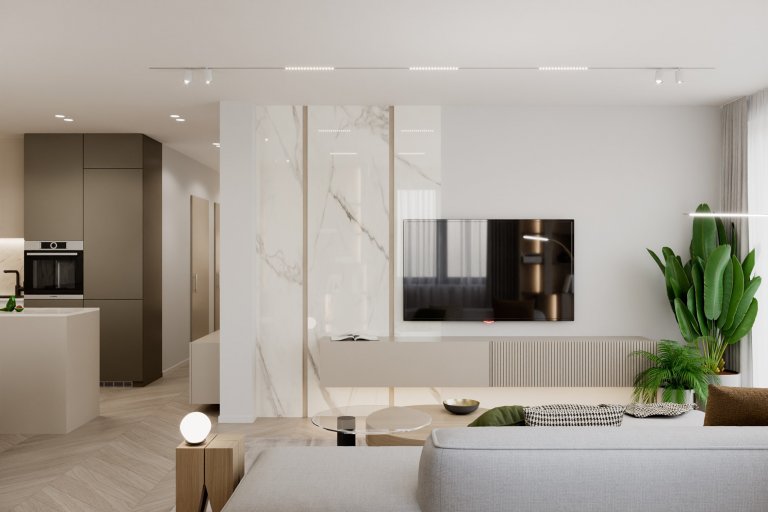 Moderný, elegantný, béžový, bledý, krásný bytový interiér. Návrh a realizácia na mieru zo štúdia PRUNUS.