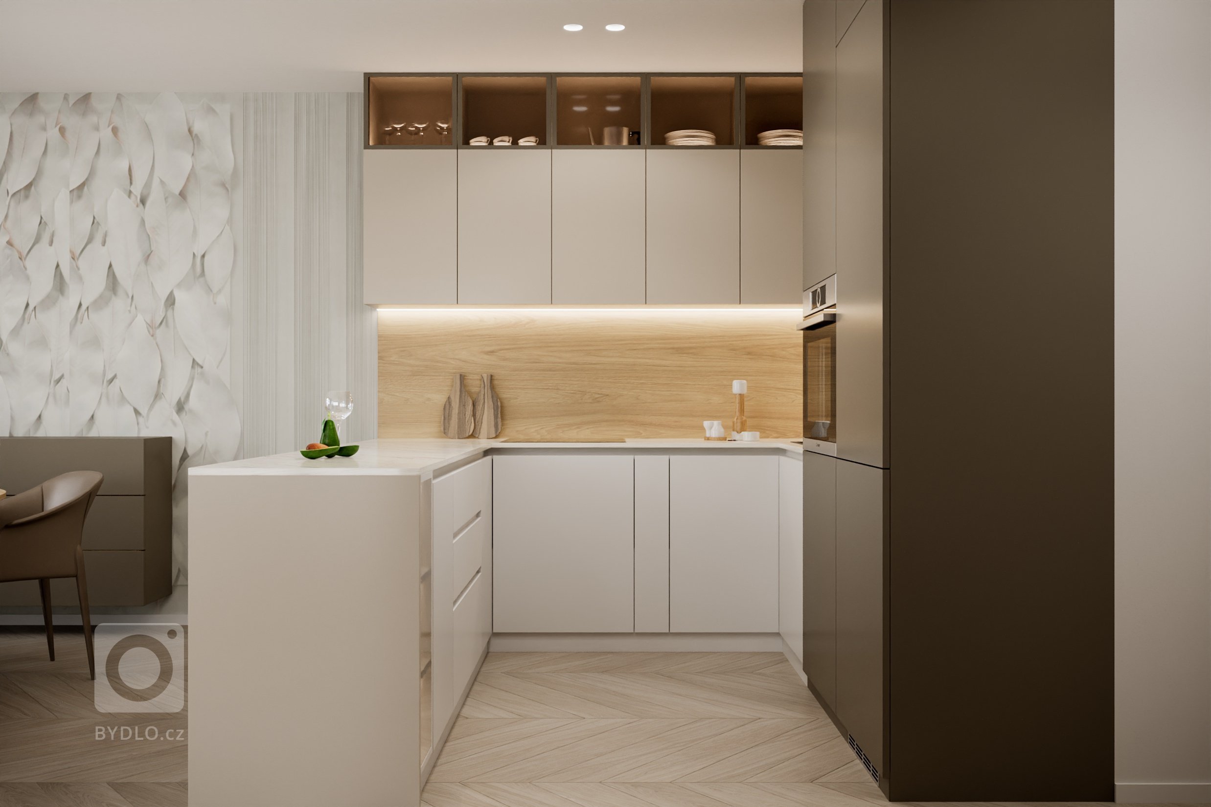 Moderný, elegantný, béžový, bledý, krásný bytový interiér. Návrh a realizácia na mieru zo štúdia PRUNUS.