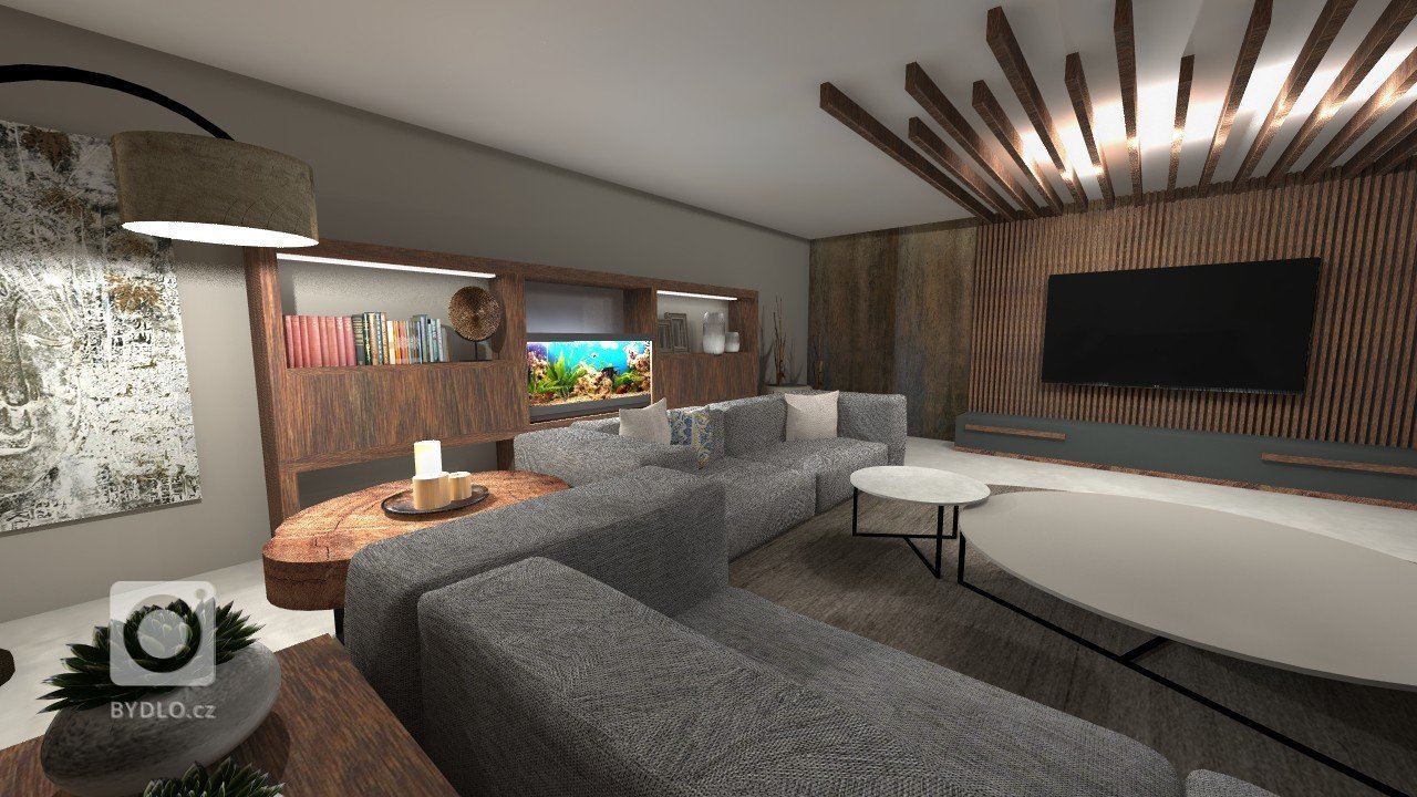 Obývací pokoj v moderním stylu. Masivní dřevo a MDF deska. Krb umístěn uprostřed obytného prostoru.
