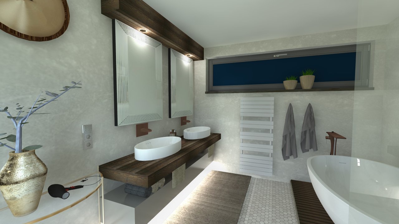 Koupelna v béžových a šedých tónech doplněná elagancí tmavého dřeva.&nbsp;
