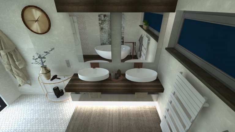 Koupelna v béžových a šedých tónech doplněná elagancí tmavého dřeva.&nbsp;
