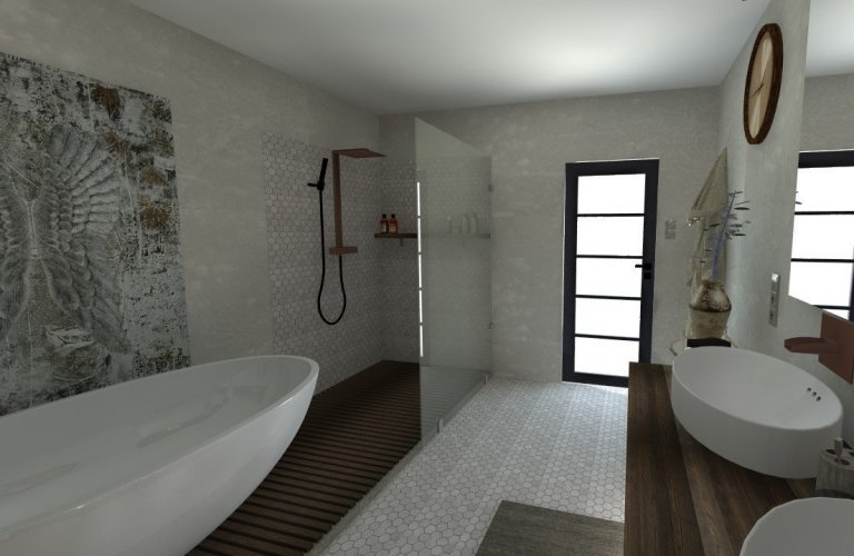 Koupelna v béžových a šedých tónech doplněná elagancí tmavého dřeva.&nbsp;
